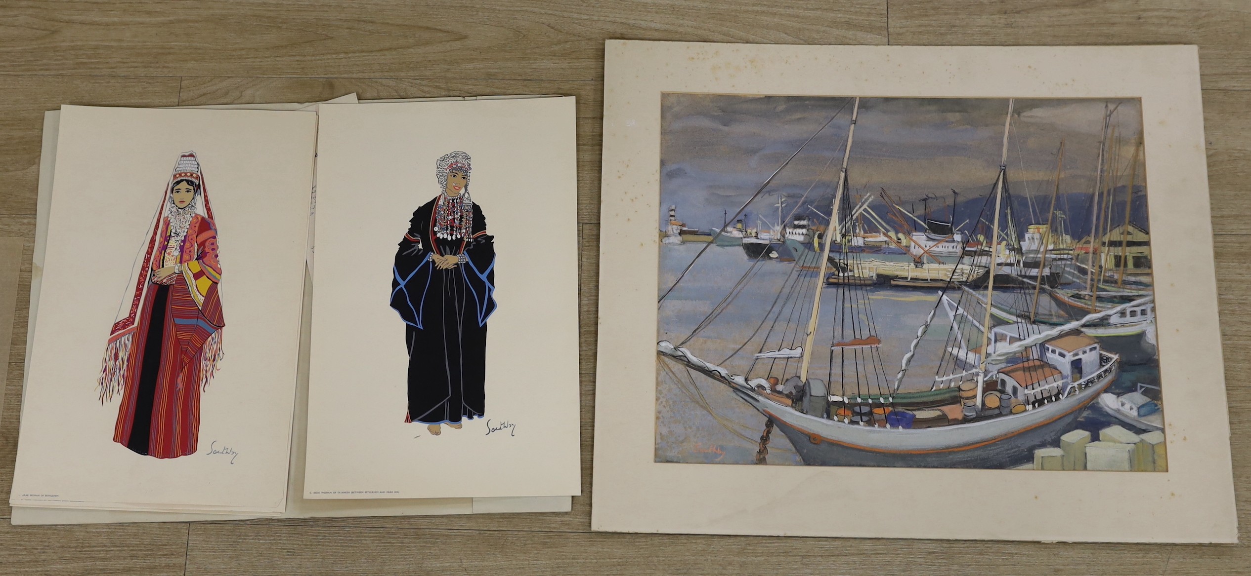 Susan Southby, 20th century, harbour scene, pastel, and six costume study prints ‘Costumes de Terre Sainte’, published 1953, no.78k